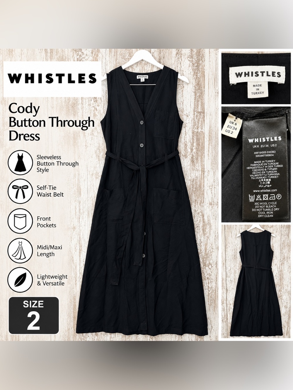 Whistles Cody Button Through Midi Dress Black Belted Women’s Size 2